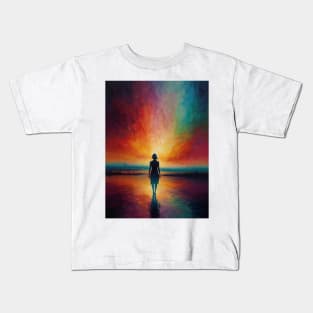 Woman Standing on Shoreline at Sunset With Radiant Sky Reflections in Water Kids T-Shirt